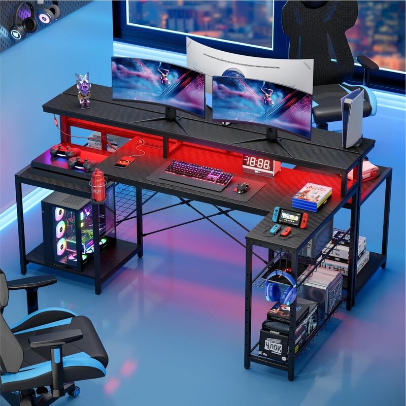 L Shaped Mesa Grande Gaming com Tomada, LED Desk Computador, Monitor Stand, Metal Prateleira, 71,5"