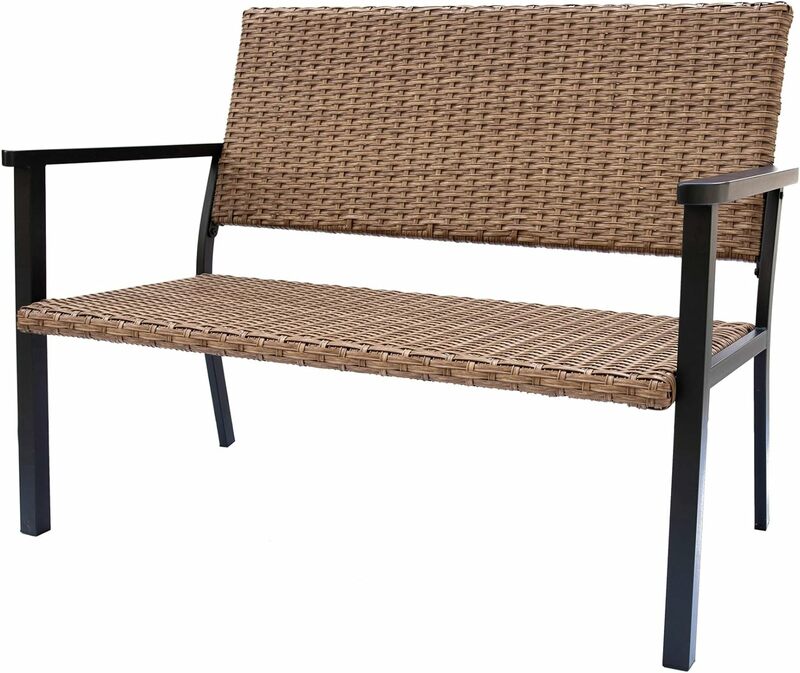 C-Hopetree Outdoor Loveseat Bench Chair for Outside Patio Porch, Metal Frame, Natural All Weather Wicker