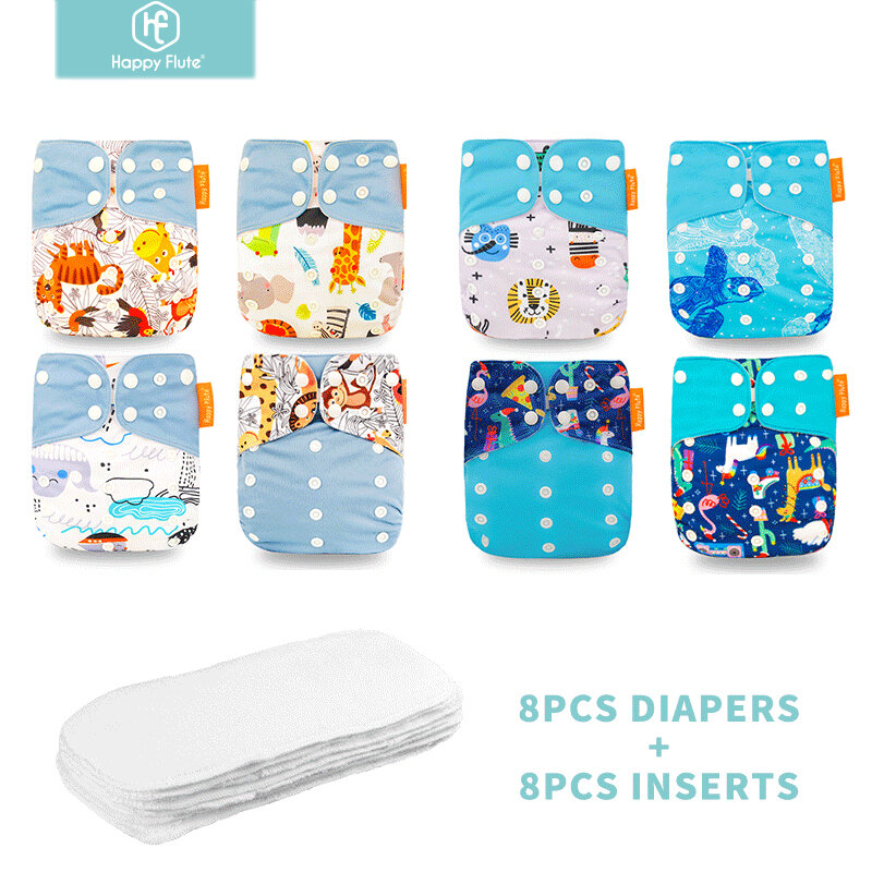 Happyflute 8 fraldas + 8 inserções fraldas de pano do bebê um tamanho ajustável lavável fralda de pano reutilizável para meninas e meninos