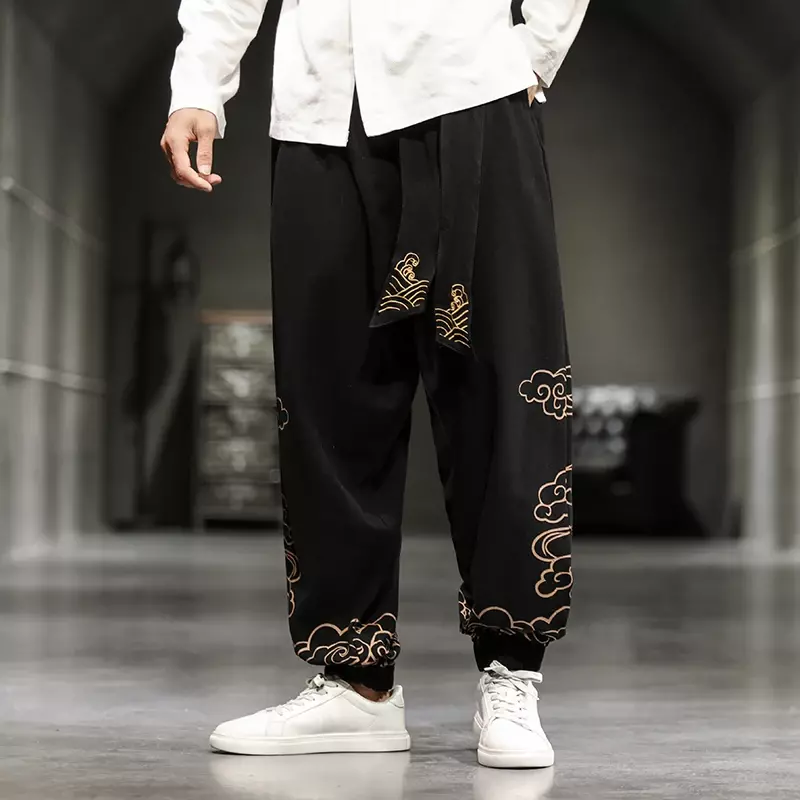2023 męskie Oversize spodnie z nogawkami bawełniane, w stylu Harajuku lniane spodnie typu Casual męskie hafty nowe męskie spodnie dresowe Streetwear