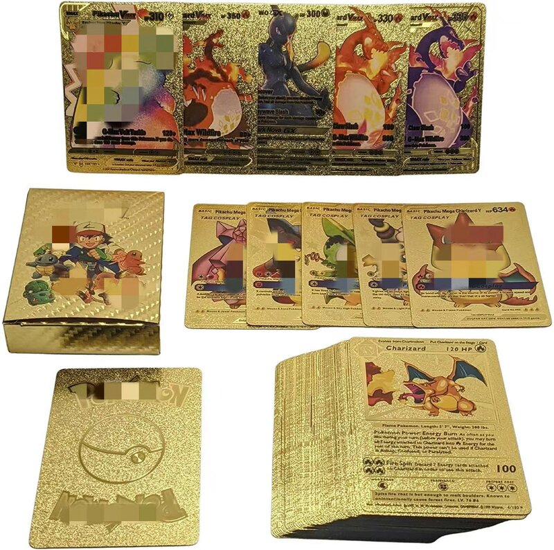 5-55 buah cartas pokemon francaise espaforol kartu emas Spanyol Inggris Foil emas silve kartu Metalicas Charizard Vmax Gx kartu permainan