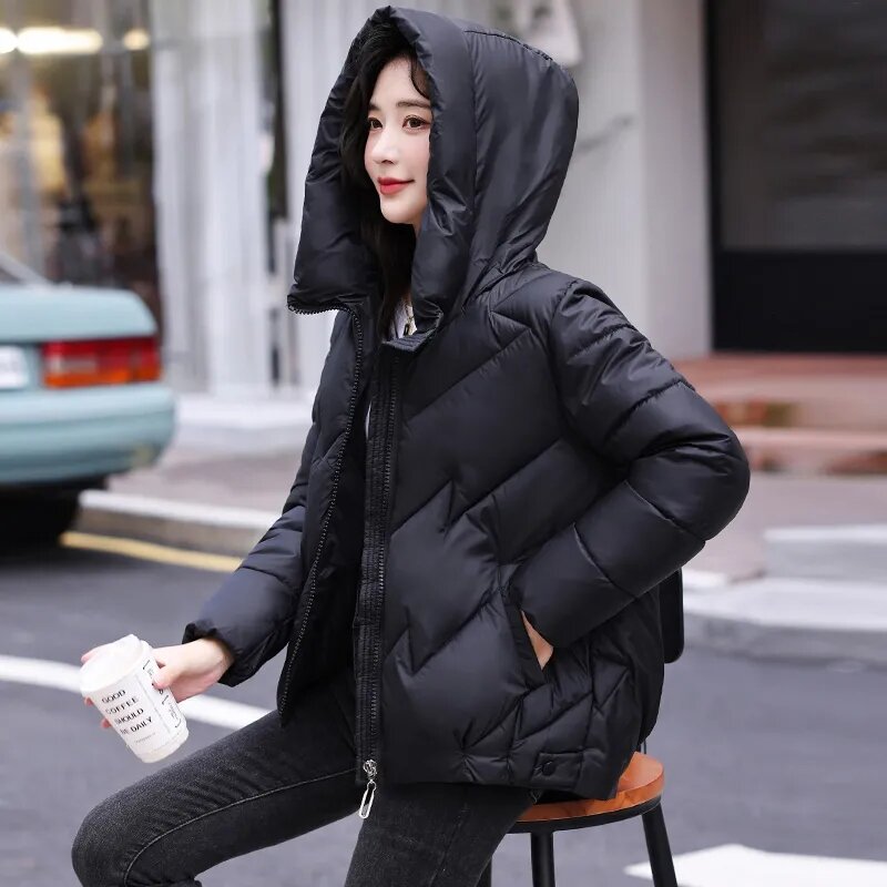 Casaco feminino acolchoado em algodão, jaqueta curta coreana com capuz, parkas femininas, outwear grosso quente para senhoras, novo, inverno, 2023