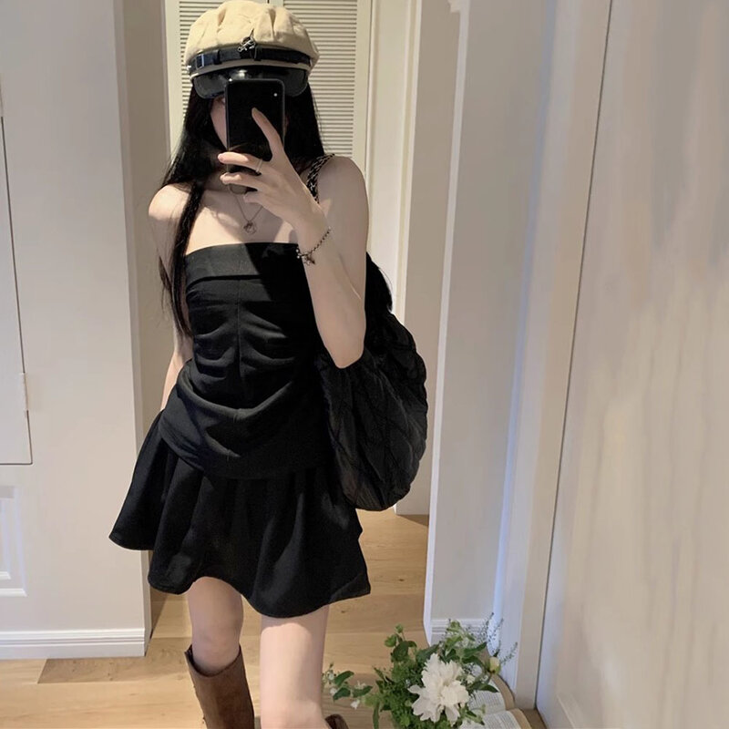Streetwear Pleated Solid Color Sexy Slim Camisole Women + Loose Casual A-line Skirt Two-piece Suit 2023 Summer Skirts Two Piece
