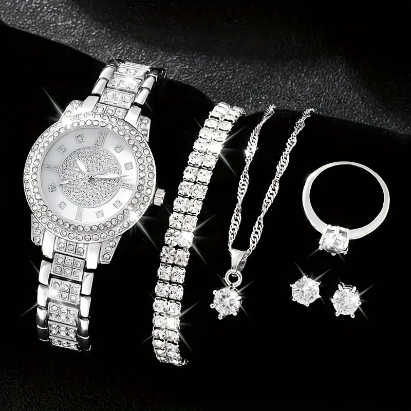 Radiant Luxury Rhinestone Womens Quartz Watch & Jewelry Set - Premium Rome Numerals, Analog Display, 6-Piece Collection
