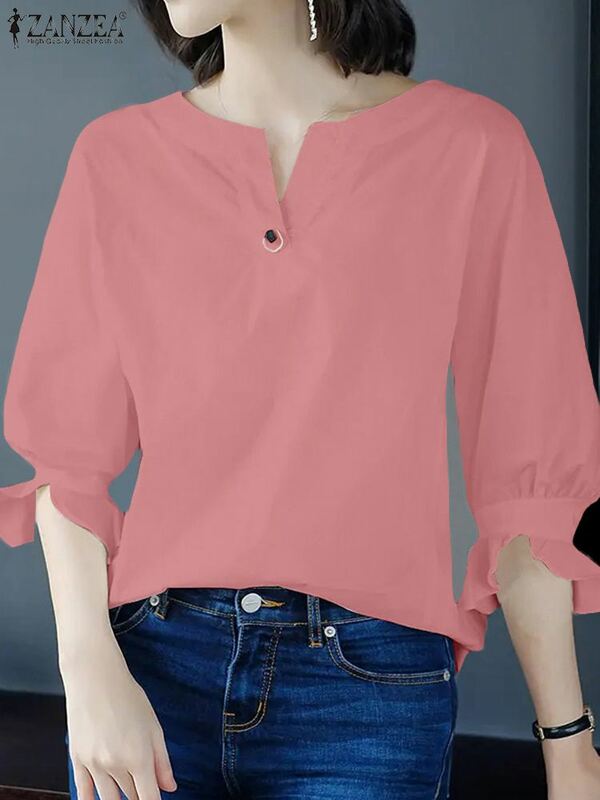 Элегантная Офисная Женская рубашка ZANZEA, женская летняя блузка с V-образным вырезом и рукавом 3/4, повседневные однотонные офисные топы, женские блузки, рубашка