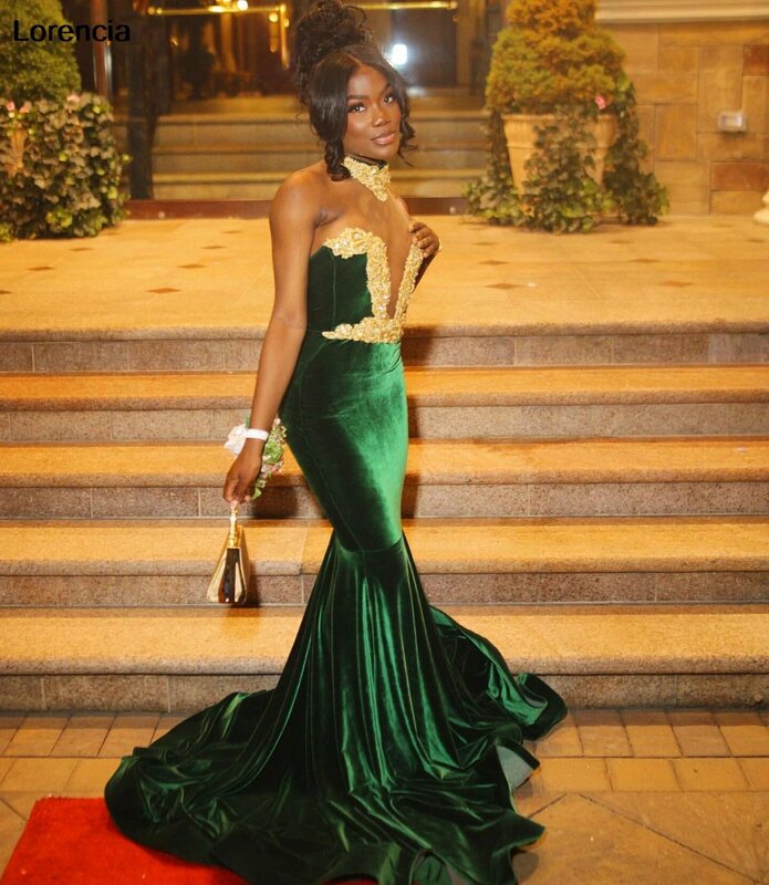 Lorencia abito da ballo a sirena in velluto verde per ragazze nere 2024 abito da Gala con perline di cristallo in pizzo dorato Robe De Soiree YPD131