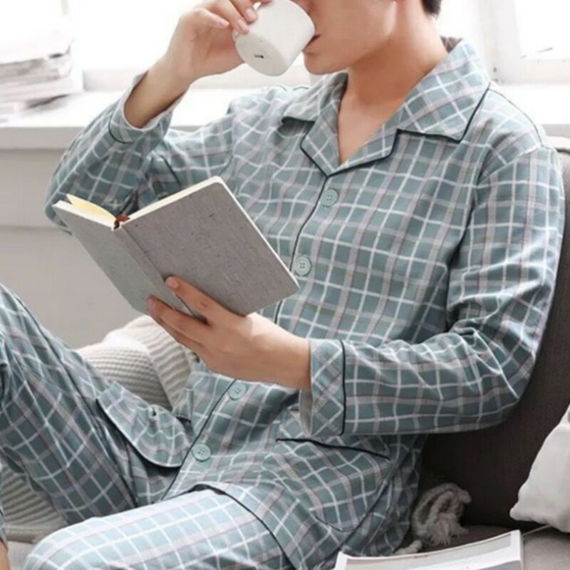 Suo & Chao 100% Katoen Pyjama Set Voor Mannen Losse Toevallige Plaid Nachtkleding Pyjama Thuis Kleren Nachtjapon Homewear