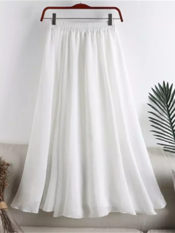 High Waist Slim Cotton Linen Black Skirt A-LINE Casual Vintage Mid Length Skirt Elastic Waist Skirts for Woman Summer New 2024
