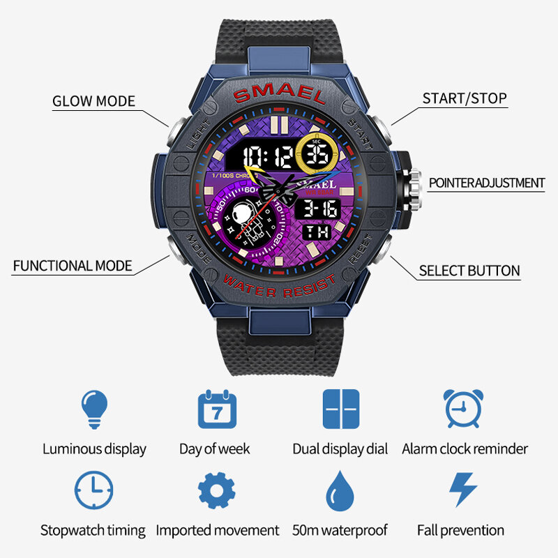 Fashion Smael Top Brand Men Military Style Clock Male Waterproof Led Digital Wristwatch Date Double Display Outdoor Sports Watch