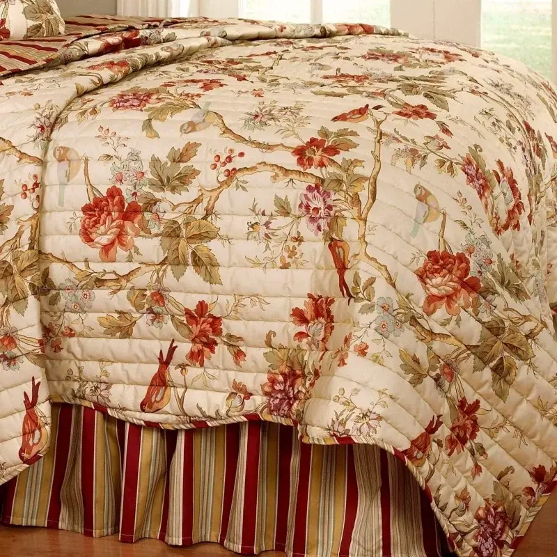 Waverly Charleston Chirp Modern Farmhouse Floral 4-Piece Reversible Quilt Bedspread Set, Full/Queen, Papaya