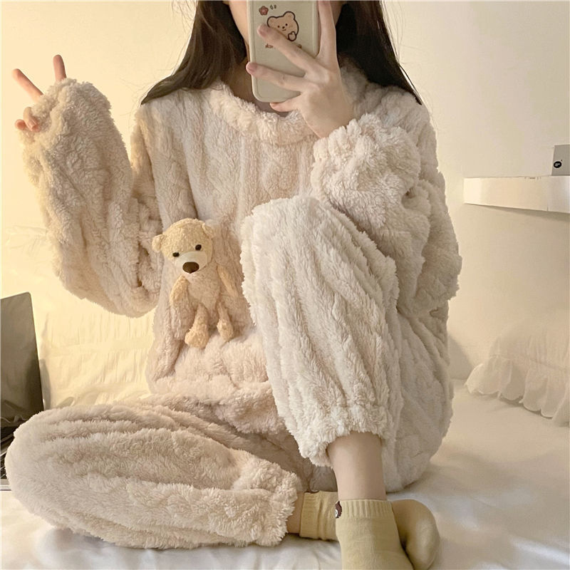 New coral velvet pajamas women's autumn and winter ins style cute sweet flannel loungewear set