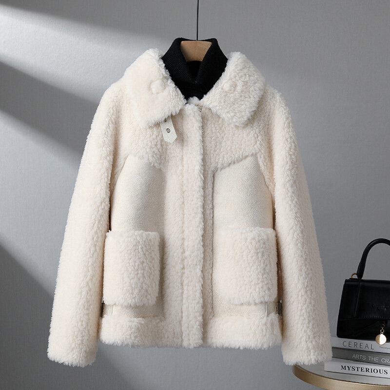 2023 moda zimowa damska strzyżenie owiec odzież wierzchnia damska koreańska prawdziwa futro jagnięce płaszcze damskie luźne kurtki motocyklowe O552