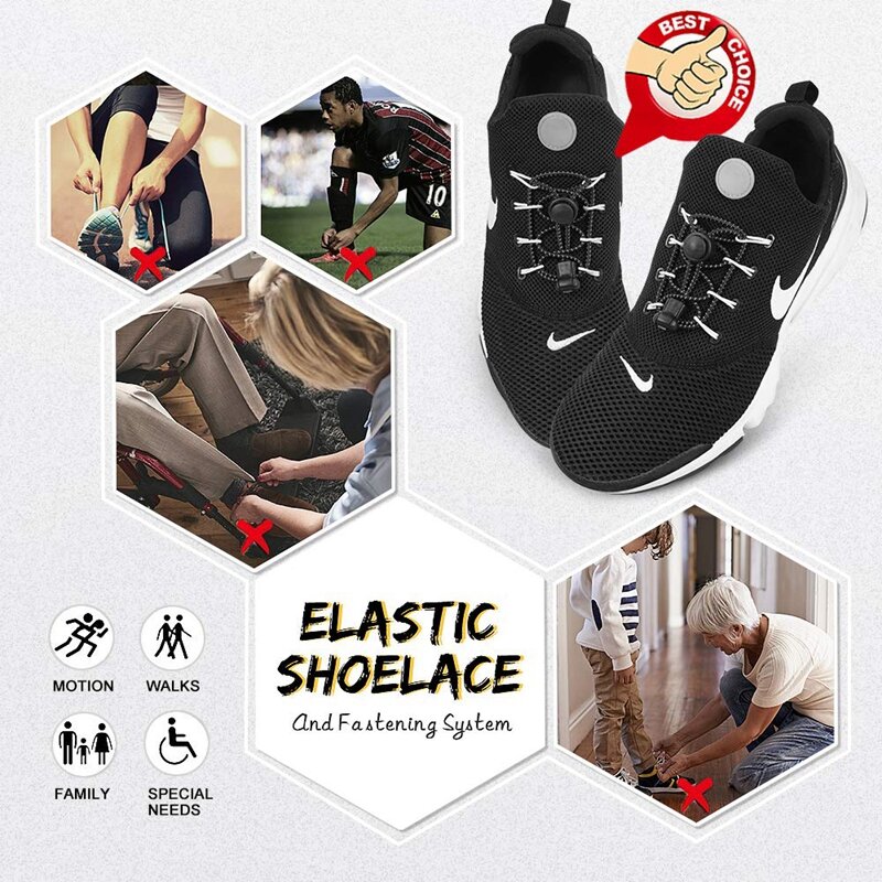 Elastic No Tie Shoelaces para Sneaker, Lazy Laces, Quick Rubber Shoelace, Shoestrings redondos, Stretching Lock, 1 par