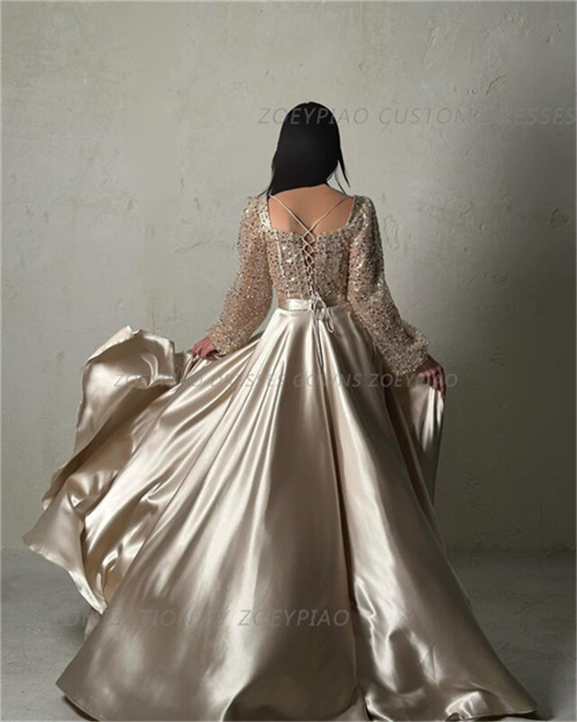 Gaun Prom Satin kristal berkilau Champagne gaun malam lengan penuh wanita Dubai lipatan pesta Formal Vestidos De Noche
