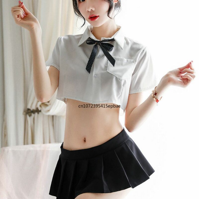 Erotic Underwear Sexy Perspective Student Clothes White Shirt Collar Rope Bow Uniform Temptation British Plaid Pleated Skirt 10$