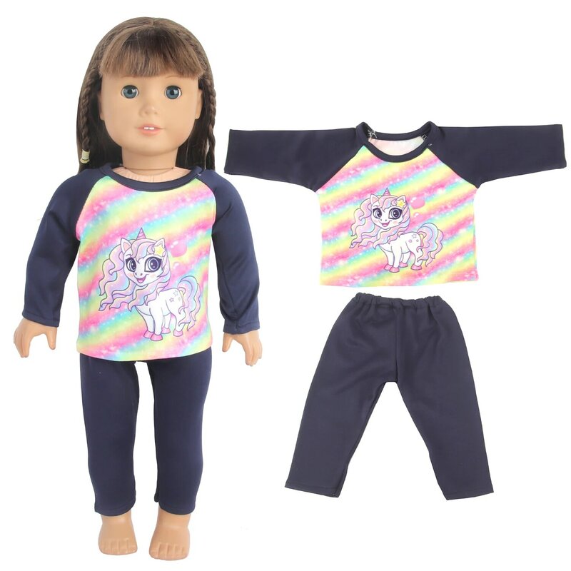 Pijamas de ropa de muñeca para bebé Reborn y americana, ropa de dibujos animados, unicornio, Rana, tiburón, traje para muñeca de generación, 43cm, 18 pulgadas