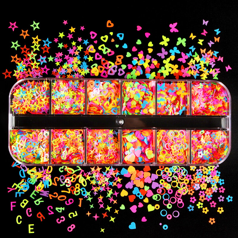 Arte de uñas de varias formas fluorescentes, mariposa, corazón, frutas, copos de purpurina 3D, lentejuelas coloridas, esmalte, manicura, decoración de uñas