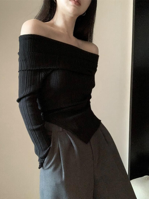 Deeptown Korean Fashion Black Knitted Sweater Women Harajuku Sexy Slim Off Shoulder Jumper Elegant Casual Crop Tops Streetwear