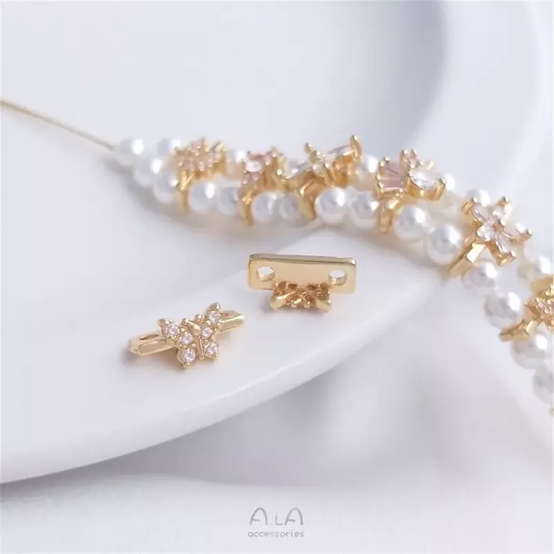14K złota z cyrkonowymi kwiatami motyl dwurzędowy sznurek z perłą przekładka z podwójnym otworem koraliki materiał biżuteria akcesoria
