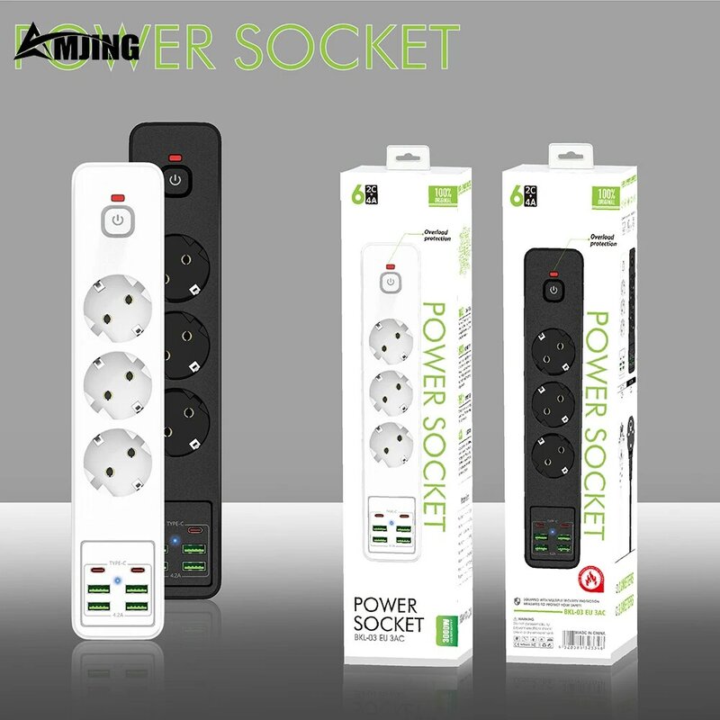 3000W 10A 250V 3 charging ports Power strip with Type-C USB 2m cable Overload protection power socket
