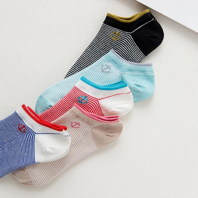 5 Pairs Women Casual Boat Socks Spring Summer Autumn Candy Color Cute Ship Anchor Striped Comfortable Female Short Ankle Socks