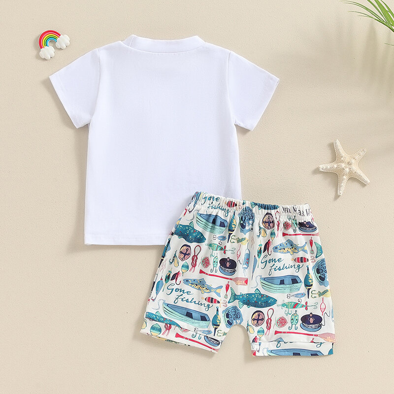 2024-04-15 Lioraitiin Toddler Boy Summer Outfit Letter Print Short Sleeve Tops with Elastic Waist Fish Pattern Shorts Clothes