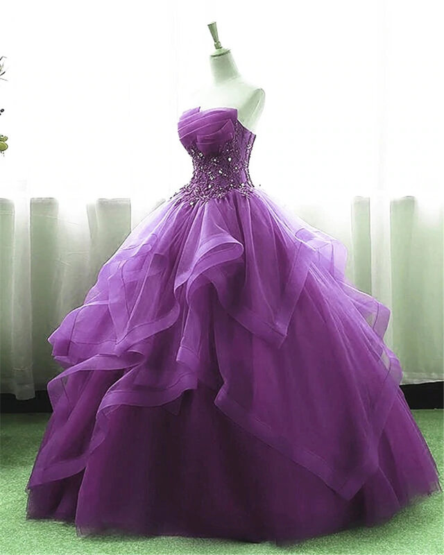 Foto real comprimento total roxo vestido de baile organza e tule doce 16 vestido de baile com laço appique formal ocasião tamanho personalizado