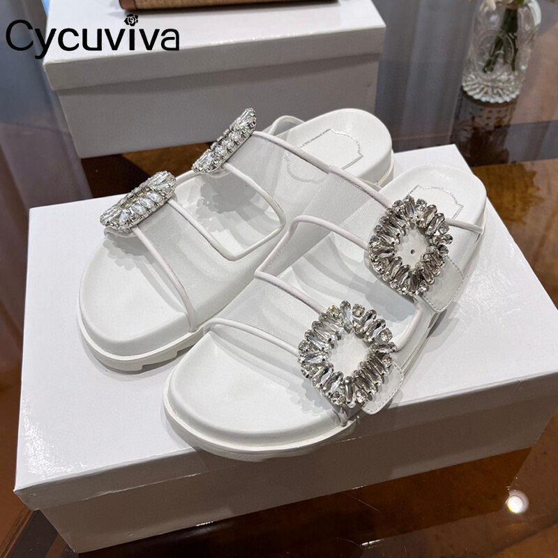 Slides de fivela de cristal quadrado para mulheres, chinelos de plataforma, sapatos rasos, marca designer, verão, feriado