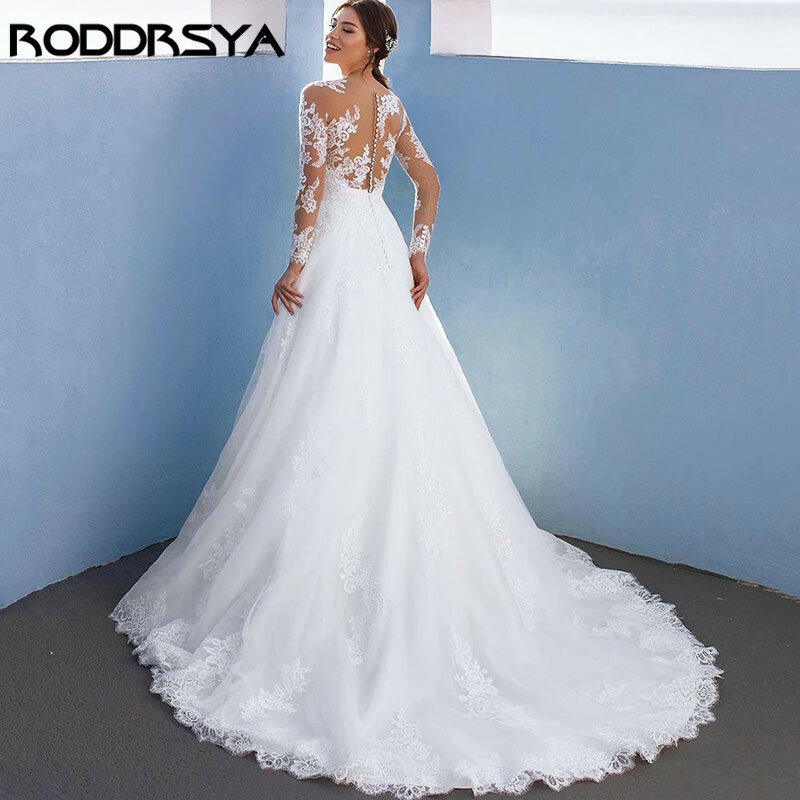 Roddrsya scoop neck vestidos de casamento 2022 manga longa rendas apliques vestido de noiva ilusão tule botão vestido novia trem