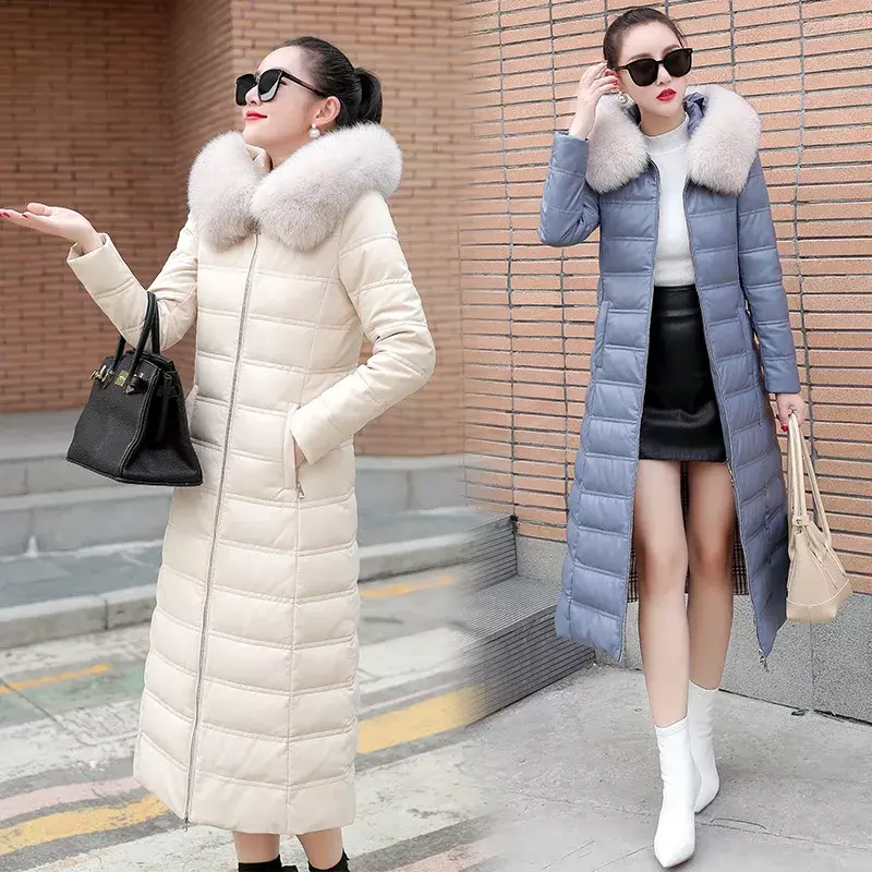 Chaqueta de plumón de pato blanco para mujer, abrigo de cuero grueso de longitud media, elegante, ropa femenina, invierno, 90%