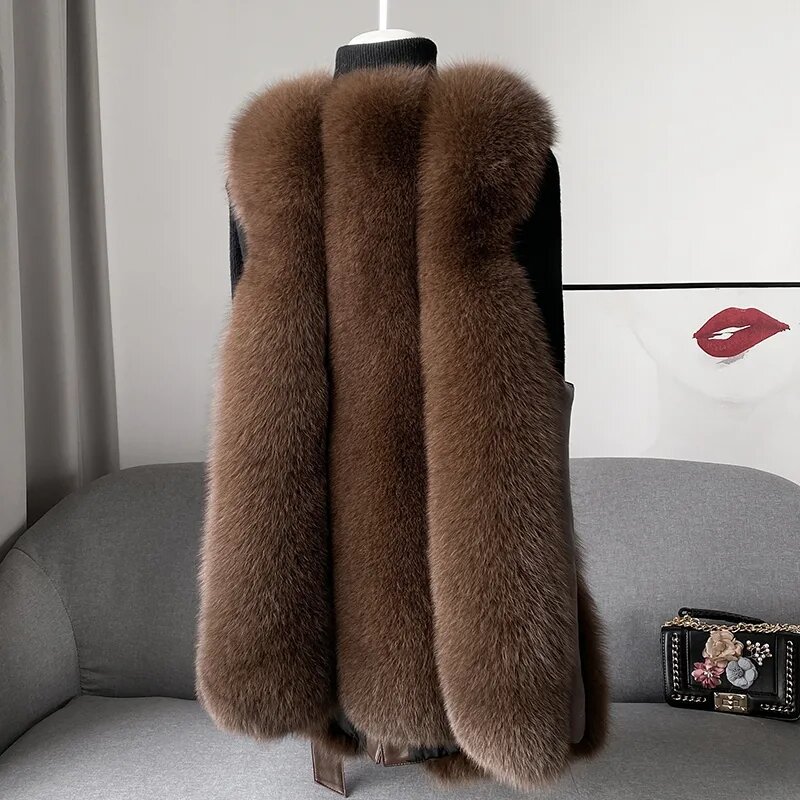 Chaleco grueso de piel de zorro para mujer, chaqueta de longitud media, novedad de invierno, 2023