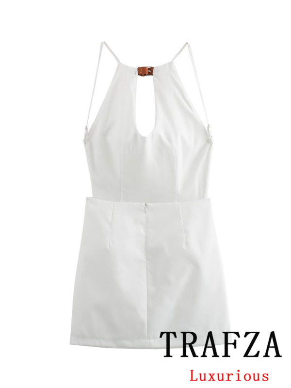 Travza gaun Mini wanita, gaun Mini lurus punggung terbuka Solid putih modis Musim Panas 2024