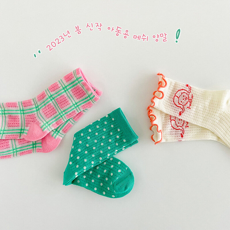 Chaussettes d'été en maille pour enfants, longueur mollet, à pois, pour filles, 3 paires/sac, 2014