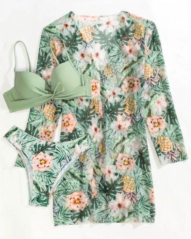 Set Bikini motif bunga wanita pinggang rendah pakaian renang putar penutup lengan panjang tiga potong 2024 musim panas pakaian mandi pantai pakaian renang