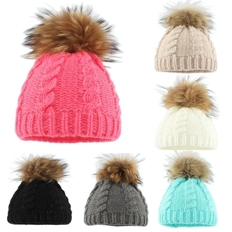 Topi kupluk Pompom bulu rakun asli, topi rajut wol rajut Putar musim gugur musim dingin untuk bayi balita