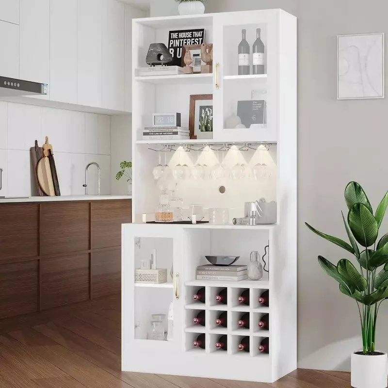 Wine Bar Cabinet com LED Light e Wine Glass Holder, Café Armazenamento para Cozinha, Sala de jantar, Sala de estar