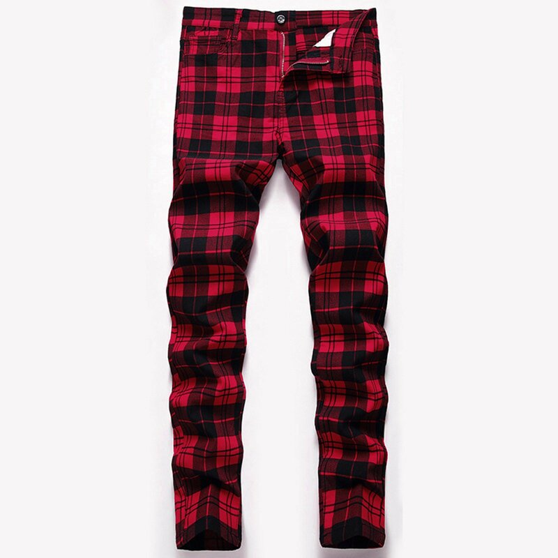 2024 Męskie spodnie z zamkiem błyskawicznym Button Fly Slim Fit Plaid Print Wild Skinny Soft Full Length Men Red Plaid Printed Pants for Work