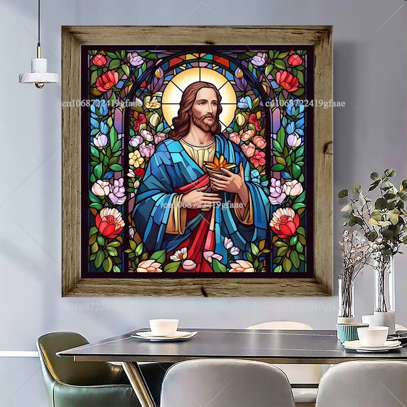 ชุดภาพวาดกระจกสีเพชรแบบสร้อยพระเยซูเจาะเต็มรูปดอกไม้โมเสกสติกเกอร์ติดผนังงานฝีมือศิลปะปักครอสติช