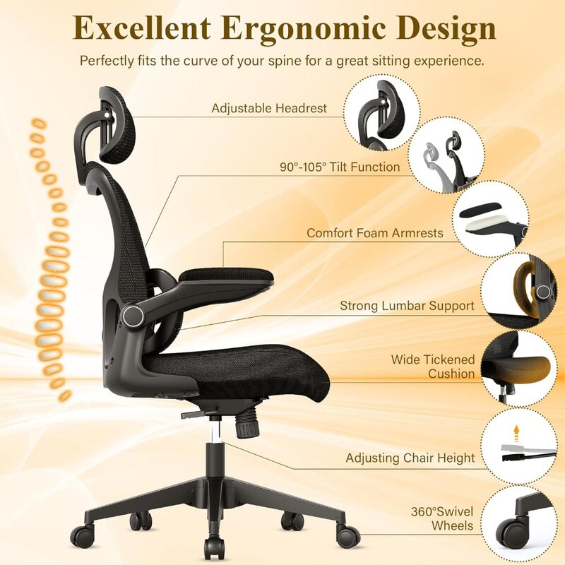 Ergonomic Mesh Office Chair, High Back Desk Chair with Adjustable Lumbar Support, Flip-Up Arm, Headrest, Swivel Rolling Wheel