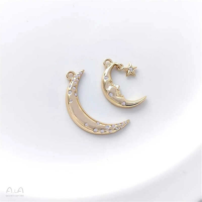 Colgante de luna de circón con incrustaciones de oro de 14 quilates, collar DIY, cadena, estrella, Luna, colgante, joyería hecha a mano