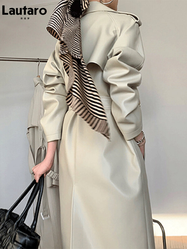 Lautaro primavera outono longo falso couro trench coat para mulheres cinto duplo breasted luxo elegante moda 2022