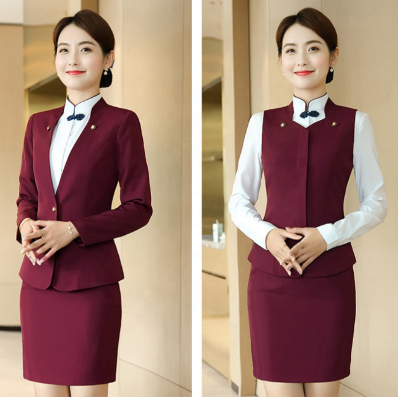 Hübsche Jacke Hemd Weste Rock Anzug benutzer definierte Damen elegantes Design Rezeption ist Hotel Rezeption Personal Uniform Frauen Anzug Set