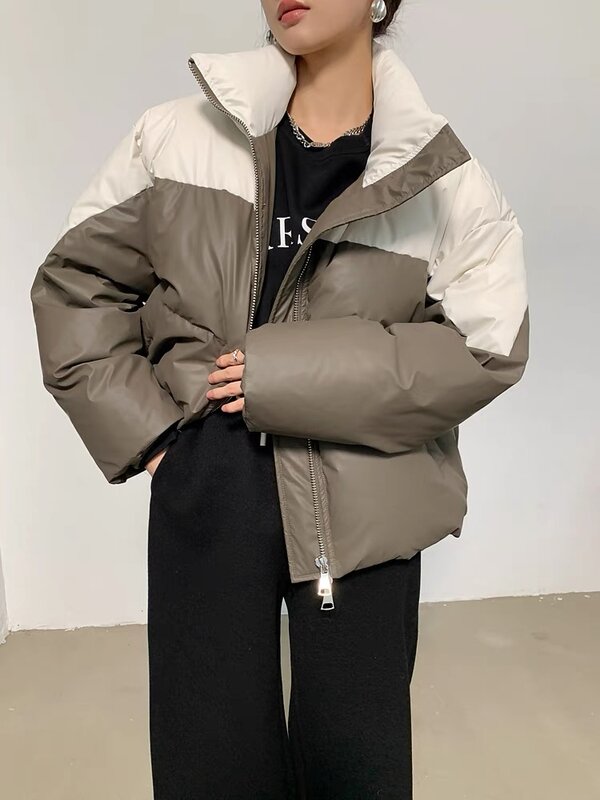 Шикарное лоскутное кожаные пуховики женские теплые модные свободные удобные высококачественные пальто ветрозащитное пальто