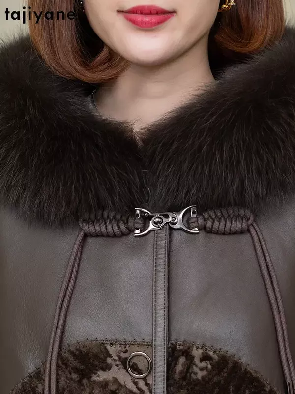 Jaket bulu domba alami fujiyane untuk wanita 2023 mantel bulu panjang bertudung musim dingin mantel bulu rubah kerah bulu asli pakaian wanita