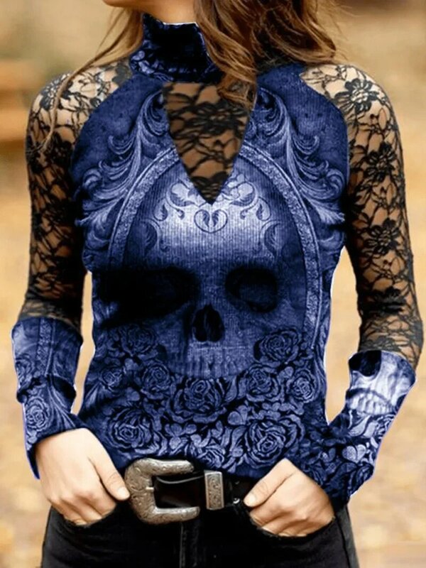 Coole Zomer Damesmode Turtle Neck Skull & Bloemenprint T-Shirt Gothic Holle Lange Mouw Veelzijdige Persoonlijkheid Y 2K Lady Tops