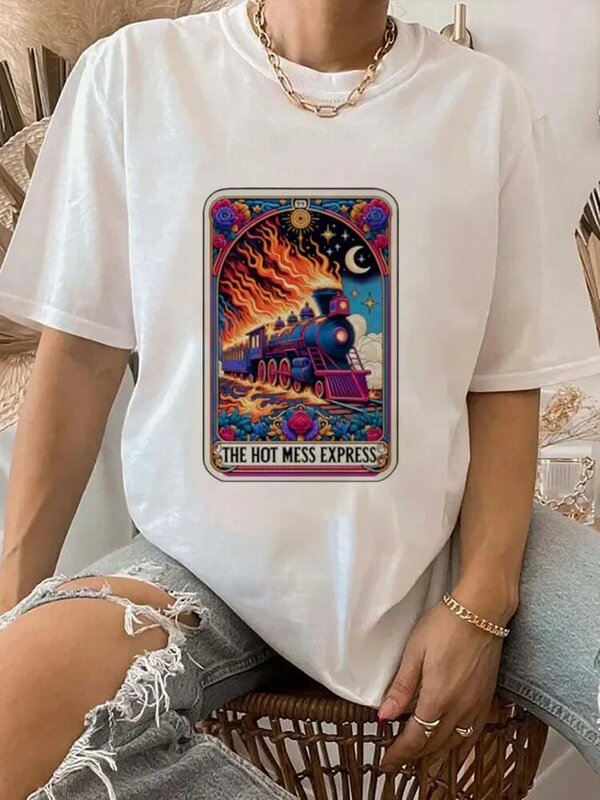 The Hot Mess Express Printed Trendy Letters Women's Fashion Printed Short Sleeve Style O-Neck Tarot Street Style New T-Shirt