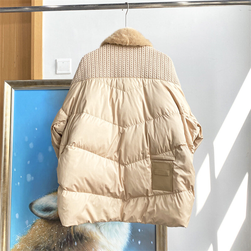Abrigo con Cuello de piel de visón Real para mujer, abrigo de piel de ganso blanco con costura de punto, cálido y ligero, nuevo estilo, 2022
