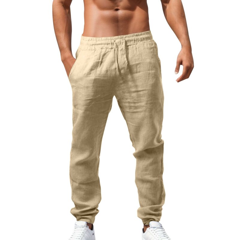 Брюки мужские длинные летние для бега, свободные дышащие спортивные штаны из хлопка и льна, с эластичным поясом, однотонные, повседневные