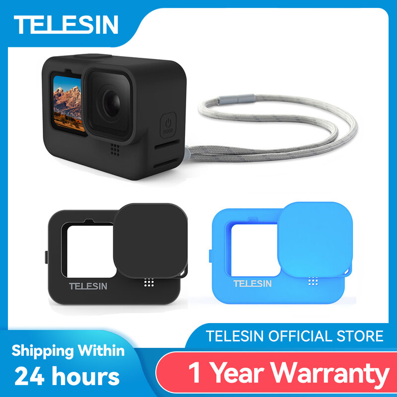 TELESIN-Soft Silicone Case para GoPro Hero, Lens Cap, Alça de Mão Ajustável, Azul, Preto, Acessórios Hero, 9, 10, 11, 12