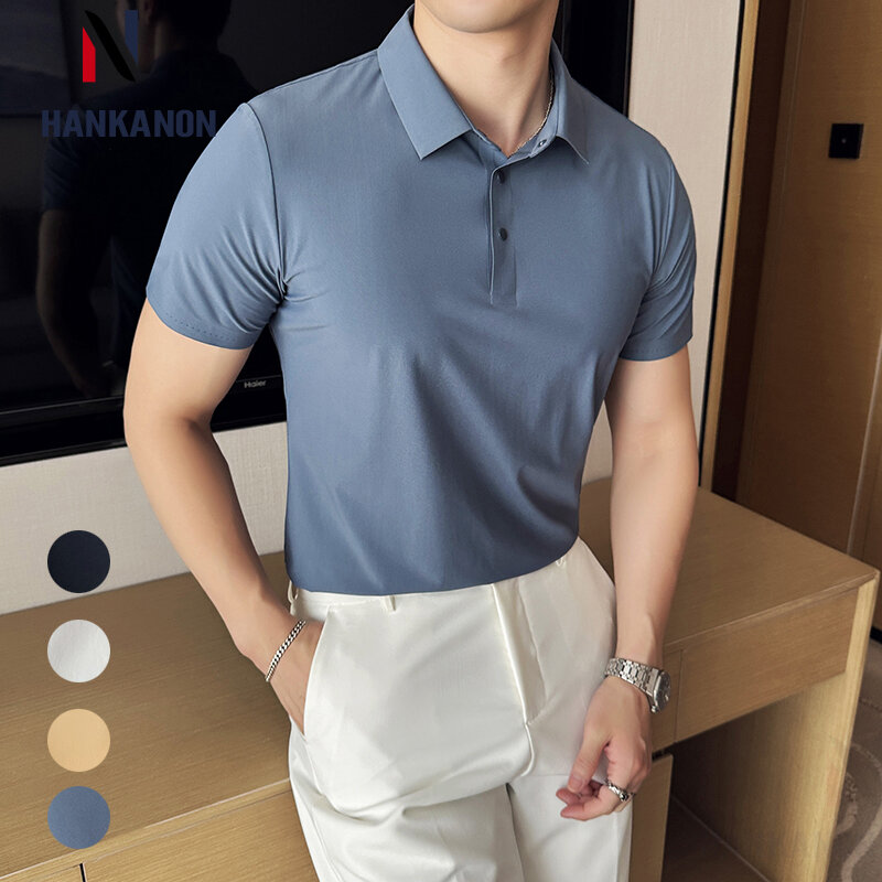 Высококачественная Новинка 2024, мужская рубашка-поло, однотонная деловая Повседневная дышащая, эластичная мужская рубашка-поло с коротким рукавом. M-4XL